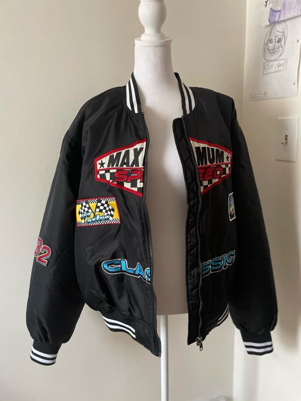 Black Racing Patch Bomber Jacket - Classic Style